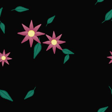 Yapraklı, çiçek arkaplanlı yaz çiçeklerinin vektör çizimi