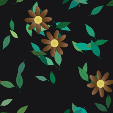 Yapraklı, çiçek arkaplanlı yaz çiçeklerinin vektör çizimi