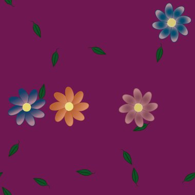 Yapraklı, çiçek arkaplanlı yaz çiçeklerinin vektör çizimi