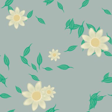 Yapraklı ve pürüzsüz arkaplanı olan yaz çiçeklerinin vektör çizimi