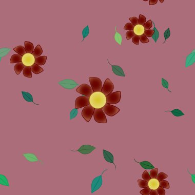 Basit renkli çiçekleri ve arka planda yeşil yaprakları olan güzel kompozisyon, vektör illüstrasyonu