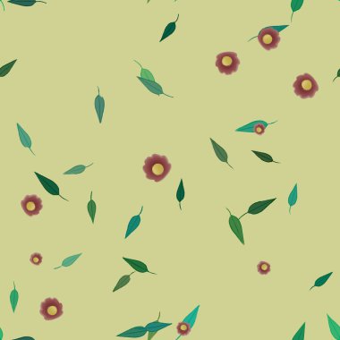 arkaplanda renkli çiçekler ve yeşil yapraklar, vektör illüstrasyonu