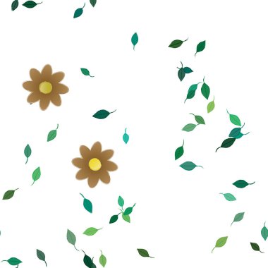 Basit renkli çiçekleri ve arka planda yeşil yaprakları olan güzel kompozisyon, vektör illüstrasyonu  