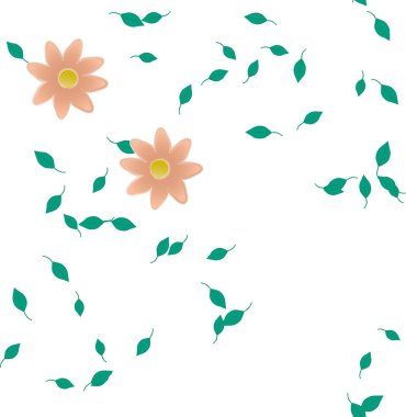 Basit renkli çiçekleri ve arka planda yeşil yaprakları olan güzel kompozisyon, vektör illüstrasyonu