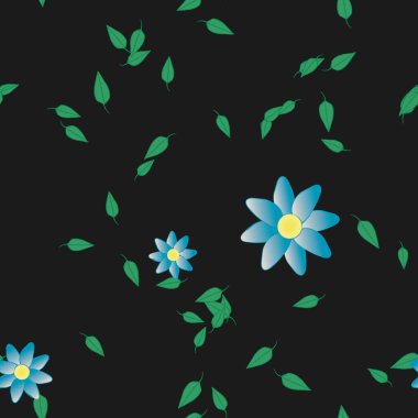 Basit renkli çiçekleri ve arka planda yeşil yaprakları olan güzel kompozisyon, vektör illüstrasyonu