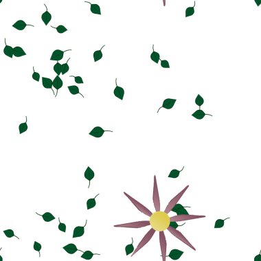 Serbest kompozisyonda yeşil yapraklı basit çiçekler, vektör illüstrasyonu