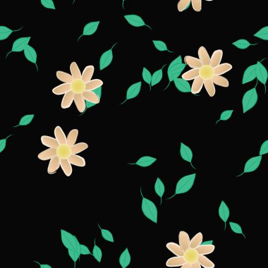 basit renkli çiçekleri olan serbest kompozisyon ve duvar kağıdı için yeşil yapraklar, vektör illüstrasyonu