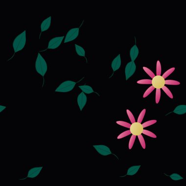 Basit renkli çiçekleri ve siyah arkaplanda yeşil yaprakları olan güzel kompozisyon, vektör illüstrasyonu 