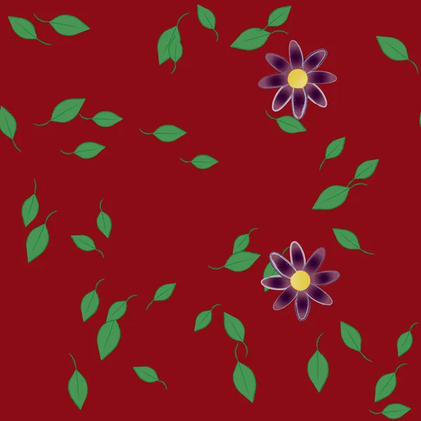 バーガンディを背景にシンプルな色の花と緑の葉で構成された美しい構図 — ストックベクタ