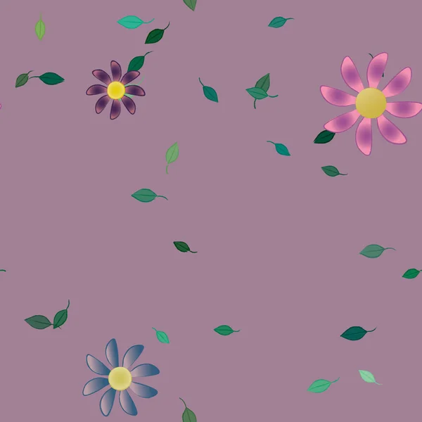 Modèle Vectoriel Avec Des Fleurs Colorées Simples Des Feuilles Vertes — Image vectorielle