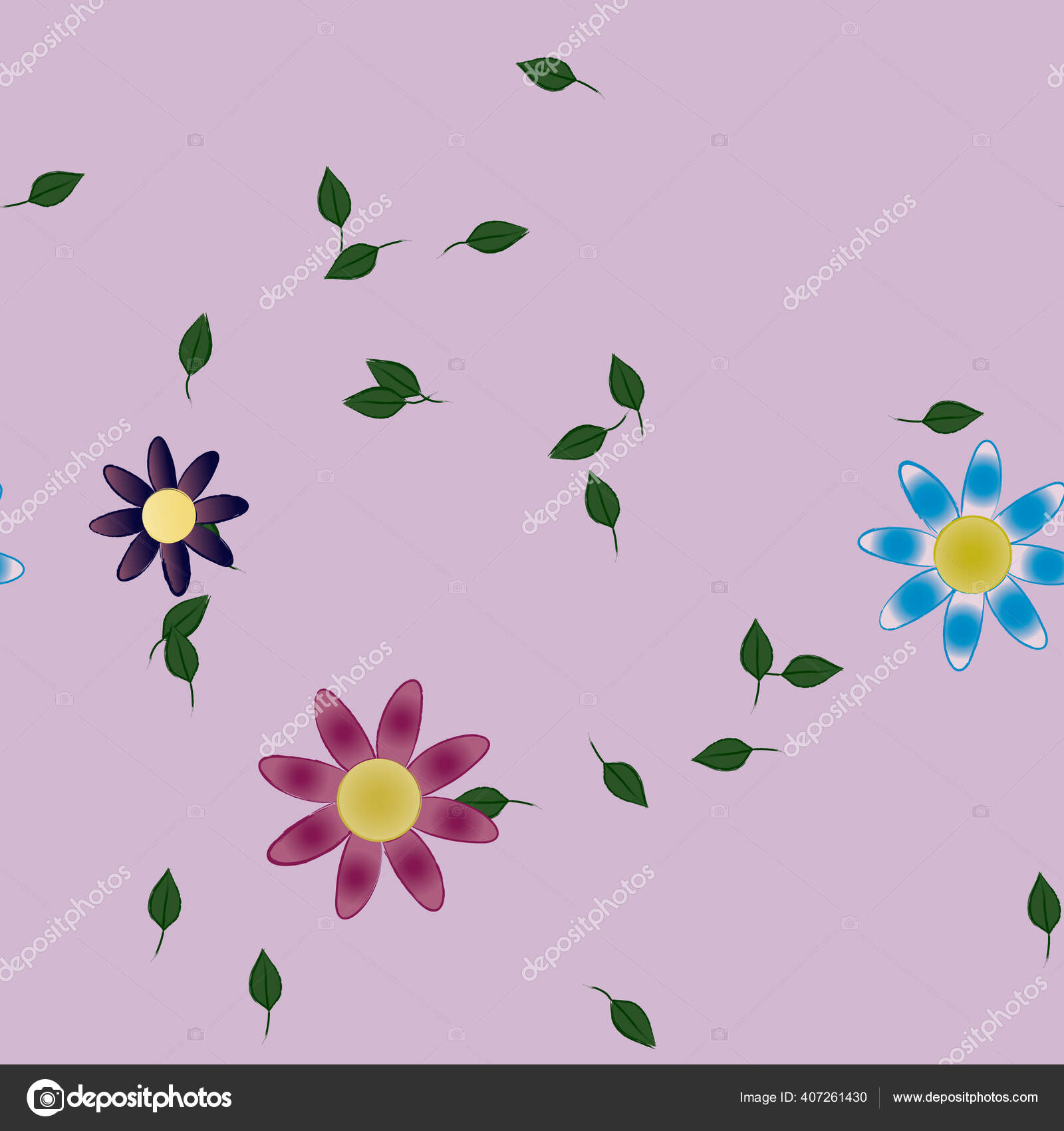 Colored Flowers Green Leaves Background Vector Illustration Stock