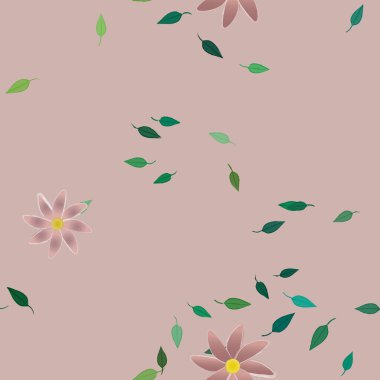 basit renkli çiçekleri olan serbest kompozisyon ve duvar kağıdı için yeşil yapraklar, vektör illüstrasyonu