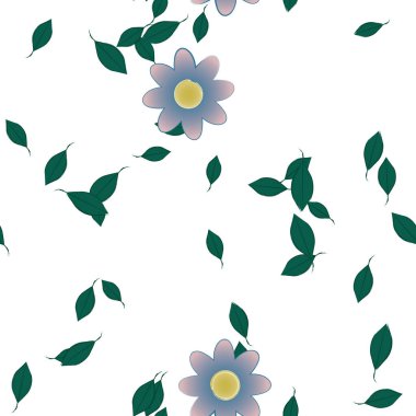 Basit renkli çiçekleri ve arka planda yeşil yaprakları olan güzel kompozisyon, vektör illüstrasyonu