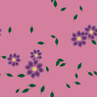 basit renkli çiçekleri olan serbest kompozisyon ve duvar kağıdı için yeşil yapraklar, vektör illüstrasyonu