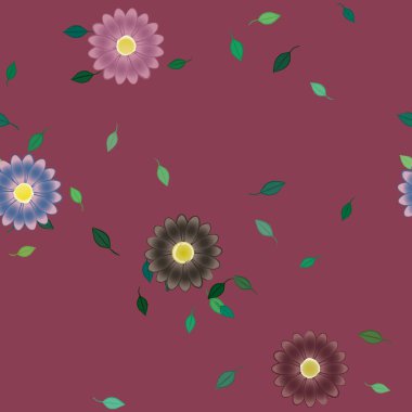 Basit renkli çiçekleri ve arka planda yeşil yaprakları olan güzel kompozisyon, vektör illüstrasyonu