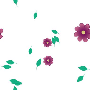 Serbest kompozisyonda yeşil yapraklı basit çiçekler, vektör illüstrasyonu