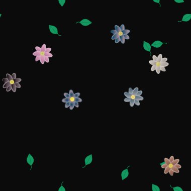 basit renkli çiçekleri olan serbest kompozisyon ve duvar kağıdı için yeşil yapraklar, vektör illüstrasyonu