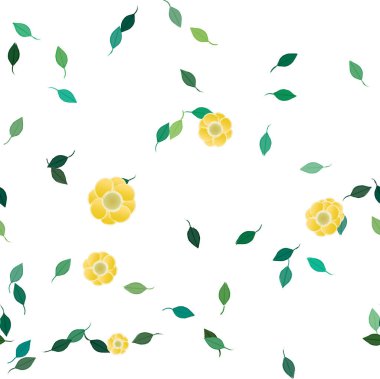 Basit renkli çiçekleri ve arka planda yeşil yaprakları olan güzel kompozisyon, vektör illüstrasyonu