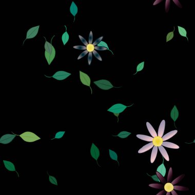 Basit çiçek ve yeşil yapraklı tasarım kompozisyonu, vektör illüstrasyonu