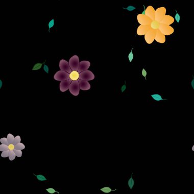 Basit renkli çiçekleri ve arka planda yeşil yaprakları olan güzel kompozisyon, vektör illüstrasyonu