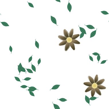 Serbest kompozisyonda yeşil yapraklı basit çiçekler, vektör illüstrasyonu