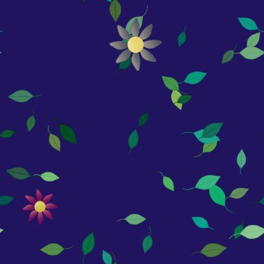 Basit renkli çiçekleri ve arka planda yeşil yaprakları olan güzel kompozisyon, vektör illüstrasyonu  