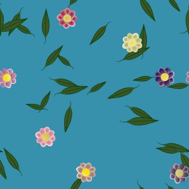 Serbest kompozisyonda yeşil yapraklı basit çiçekler, vektör illüstrasyonu