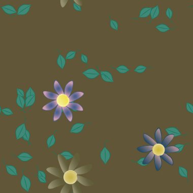 Basit renkli çiçekleri ve arka planda yeşil yaprakları olan güzel kompozisyon, vektör illüstrasyonu