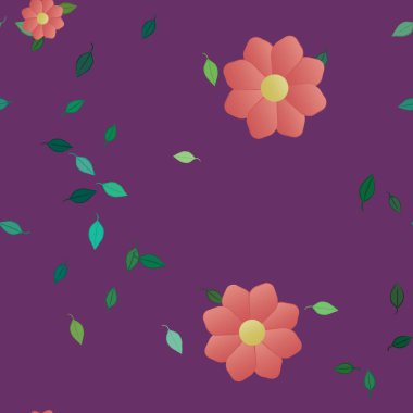 Serbest kompozisyonda yeşil yapraklı basit çiçekler, vektör illüstrasyonu