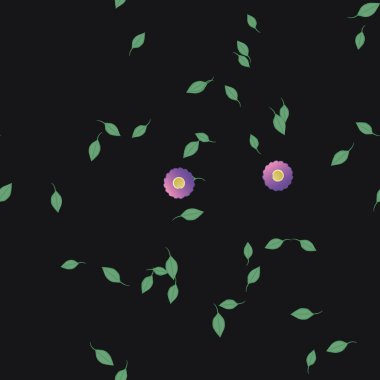 Basit renkli çiçekleri ve arka planda yeşil yaprakları olan güzel kompozisyon, vektör illüstrasyonu