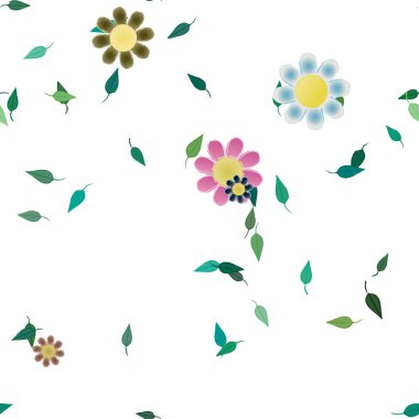 arkaplanda renkli çiçekler ve yeşil yapraklar, vektör illüstrasyonu