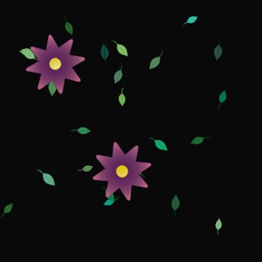 Serbest kompozisyonda yeşil yapraklı basit çiçekler, vektör illüstrasyonu