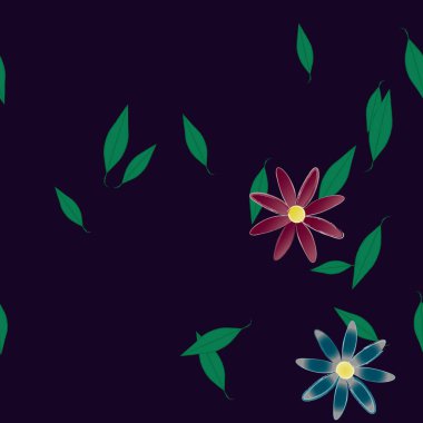 Basit renkli çiçekleri ve arka planda yeşil yaprakları olan güzel kompozisyon, vektör illüstrasyonu