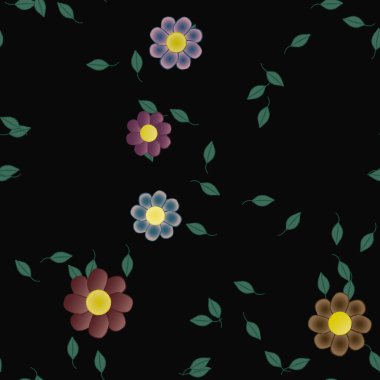 Basit renkli çiçekleri ve arka planda yeşil yaprakları olan güzel kompozisyon, vektör illüstrasyonu