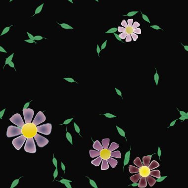 Basit renkli çiçekleri ve arka planda yeşil yaprakları olan güzel kompozisyon, vektör illüstrasyonu