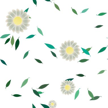 basit renkli çiçekleri olan serbest kompozisyon ve duvar kağıdı için yeşil yapraklar, vektör illüstrasyonu