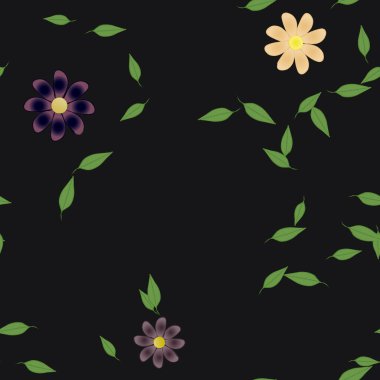 arkaplanda renkli çiçekler ve yeşil yapraklar, vektör illüstrasyonu