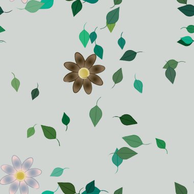 Basit renkli çiçekleri ve arka planda yeşil yaprakları olan güzel kompozisyon, vektör illüstrasyonu