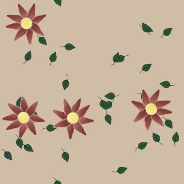 Basit renkli çiçekleri ve arka planda yeşil yaprakları olan güzel kompozisyon, vektör illüstrasyonu