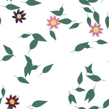 basit renkli çiçekleri olan serbest kompozisyon ve duvar kağıdı için yeşil yapraklar, vektör illüstrasyonu