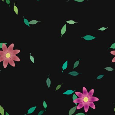 Basit renkli çiçekleri ve siyah arkaplanda yeşil yaprakları olan güzel kompozisyon, vektör illüstrasyonu  