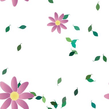 basit renkli çiçekleri olan serbest kompozisyon ve duvar kağıdı için yeşil yapraklar, vektör illüstrasyonu