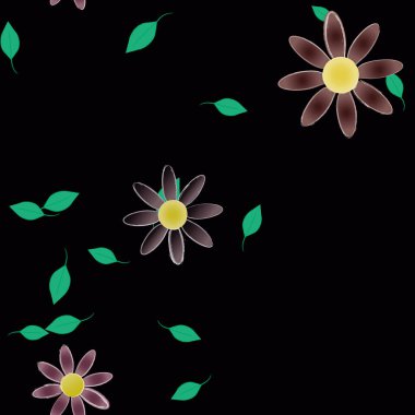 Serbest kompozisyonda yeşil yapraklı basit çiçekler, vektör illüstrasyonu