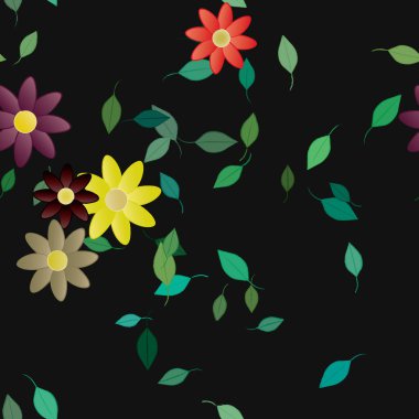 basit renkli çiçekleri olan serbest kompozisyon ve duvar kağıdı için yeşil yapraklar, vektör illüstrasyonu