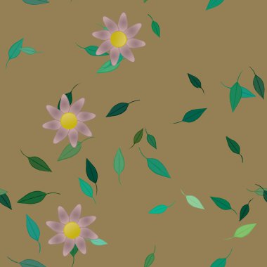 Basit renkli çiçekleri ve arka planda yeşil yaprakları olan güzel kompozisyon, vektör illüstrasyonu