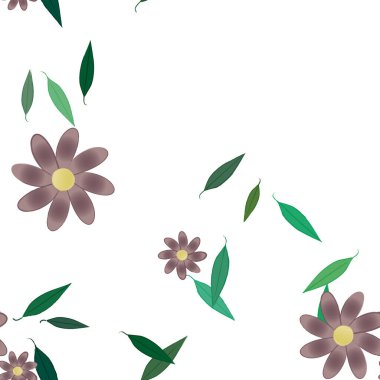 Serbest kompozisyonda yeşil yapraklı basit çiçekler, vektör illüstrasyonu