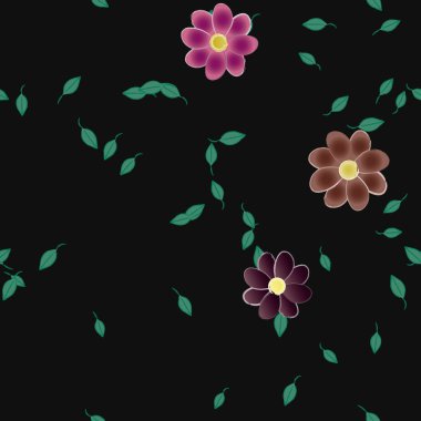 Basit renkli çiçekleri ve siyah arkaplanda yeşil yaprakları olan güzel kompozisyon, vektör illüstrasyonu 