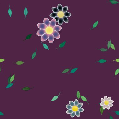 basit renkli çiçekleri olan serbest kompozisyon ve duvar kağıdı için yeşil yapraklar, vektör illüstrasyonu