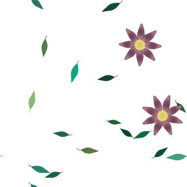 basit renkli çiçekleri olan serbest kompozisyon ve duvar kağıdı için yeşil yapraklar, vektör illüstrasyonu