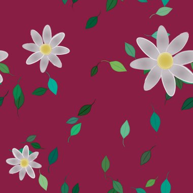 basit renkli çiçekleri olan serbest kompozisyon ve duvar kağıdı için yeşil yapraklar, vektör illüstrasyonu